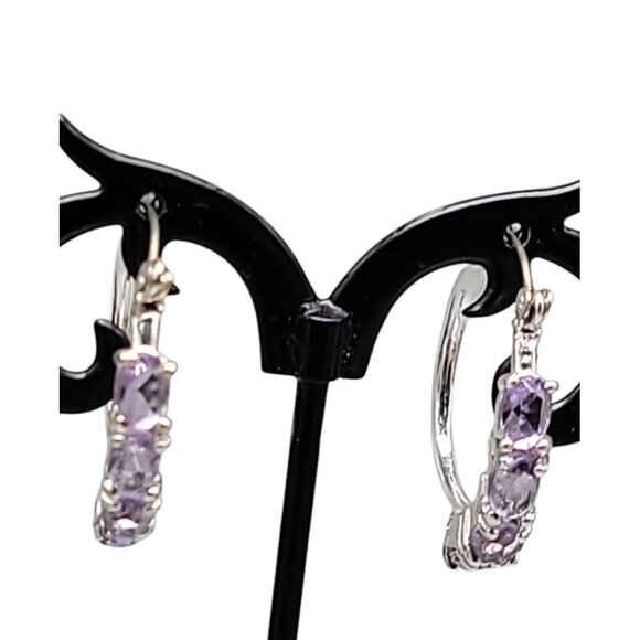 Lavender Crystal Hoop Earrings Latch Closure Silver Tone Purple Rough Stones - Picture 1 of 9